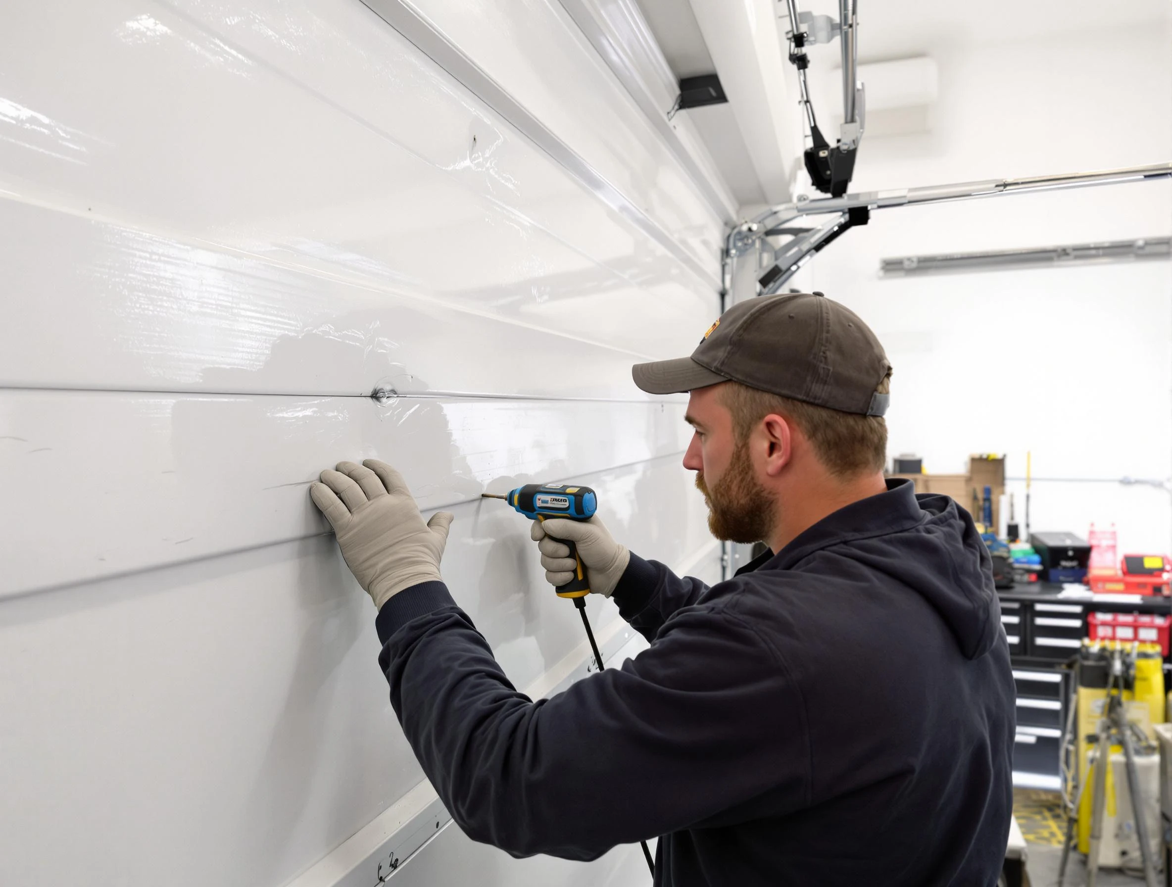 Doraville Garage Door Repair technician demonstrating precision dent removal techniques on a Doraville garage door